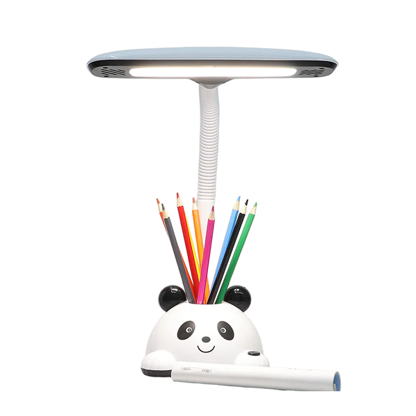 Children's desk lamp with a panda-shaped base, LED light, and colorful pencil holder.