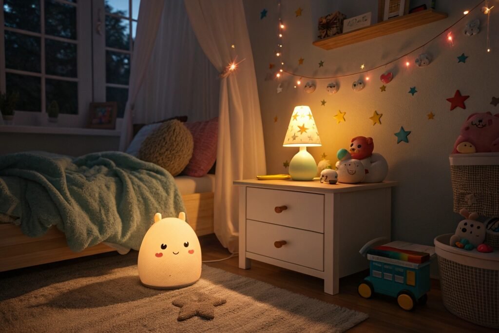 A cute egg-shaped night light with star patterns glowing in a nursery, surrounded by toys and soft lighting.