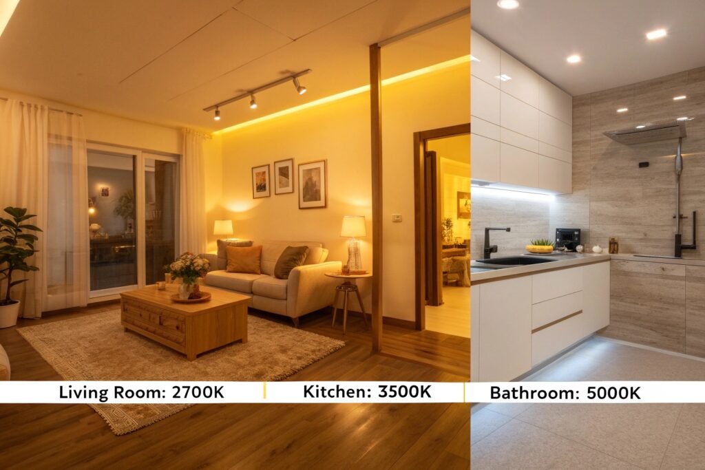 Split image showing living room with 2700K warm light, kitchen with 3500K neutral light, and bathroom with 5000K cool light for different home environments.