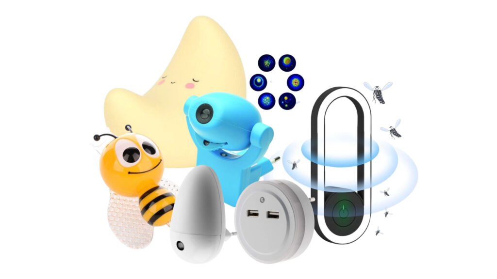A collection of fun gadgets for kids, including a moon-shaped light, camera, and insect repellent device.