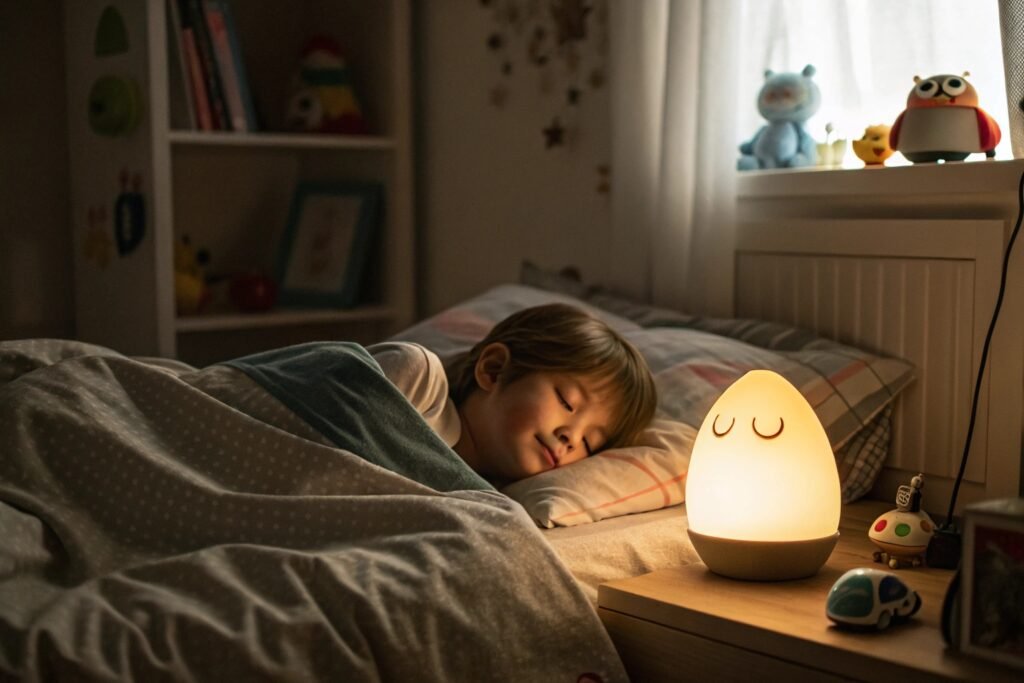 A child sleeping peacefully in bed, illuminated by a cute egg-shaped night light on the nightstand, with toys nearby.