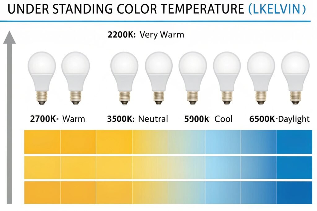 Chart showing color temperature range from 2200K (Very Warm) to 6500K (Daylight) with LED bulbs and corresponding warm yellow to cool blue light gradients.