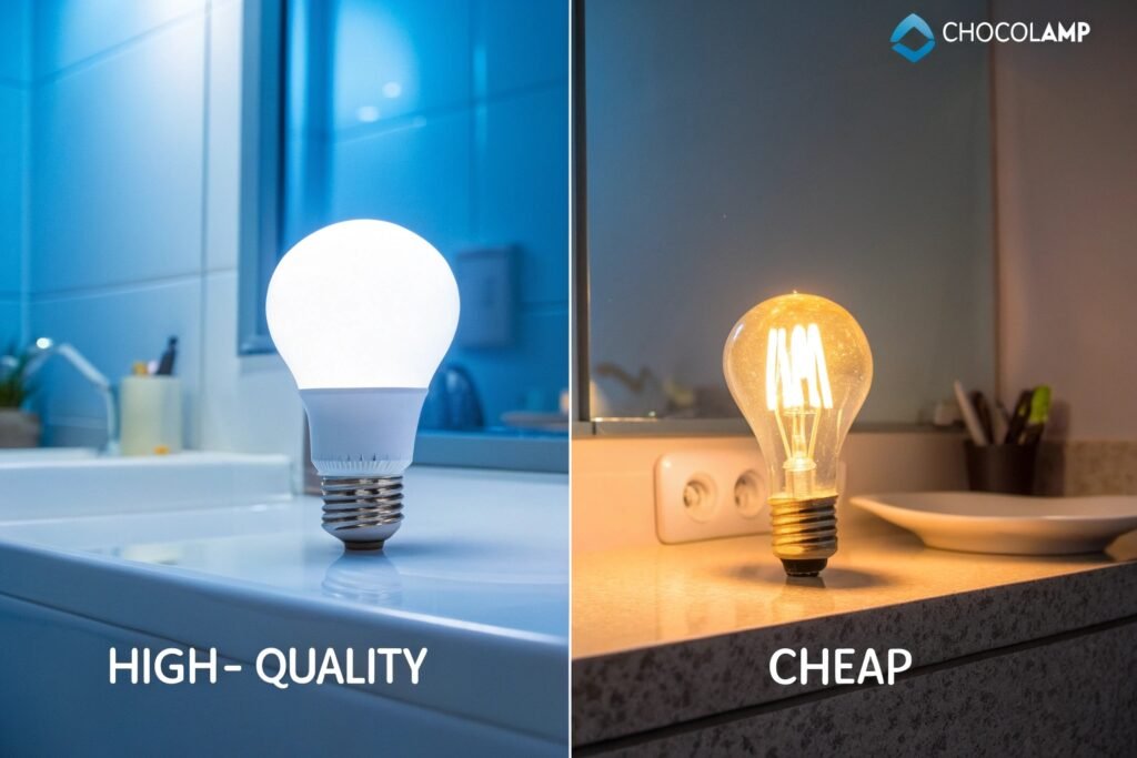 Comparison of lamp lifespan: Budget LED lasting 5,000 hours vs. Premium LED lasting 50,000 hours, shown in a cozy living room setup.