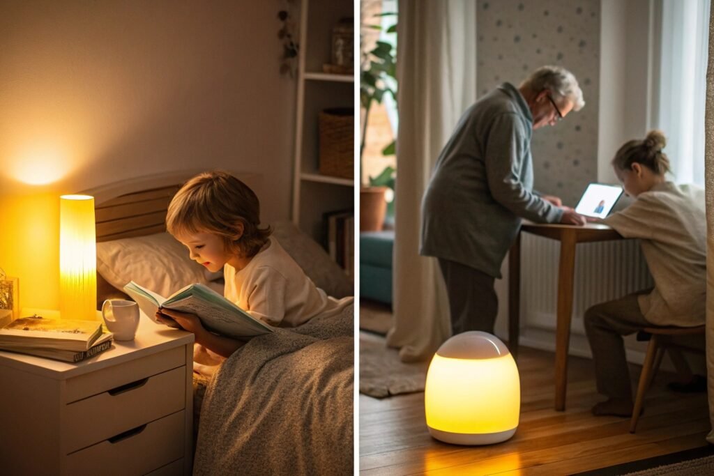 A child reading in bed and an adult working at a desk, both illuminated by warm night lights.