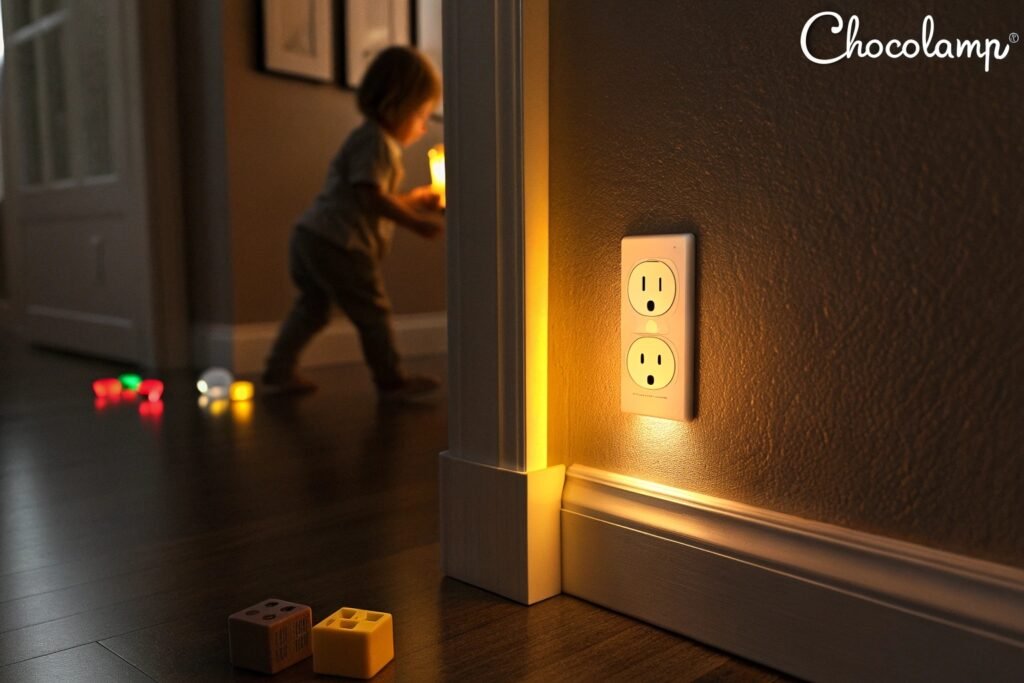 A toddler holding a candle near a glowing plug-in night light on a wall, with toys scattered on the wooden floor.
