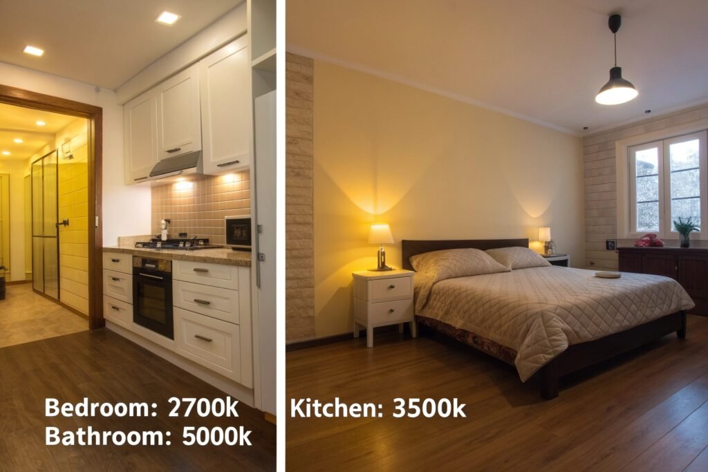 Side-by-side image of a bedroom with 2700K warm light and a kitchen with 3500K neutral light, showcasing ideal lighting for relaxation and tasks.