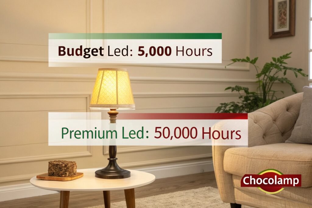 Side-by-side comparison of a bright high-quality LED bulb and a dim cheap bulb, emphasizing quality differences.