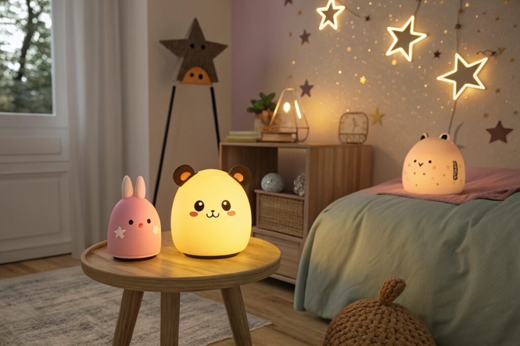 Three cute animal-shaped night lights (bear, bunny, and frog) on a wooden table in a bright room.