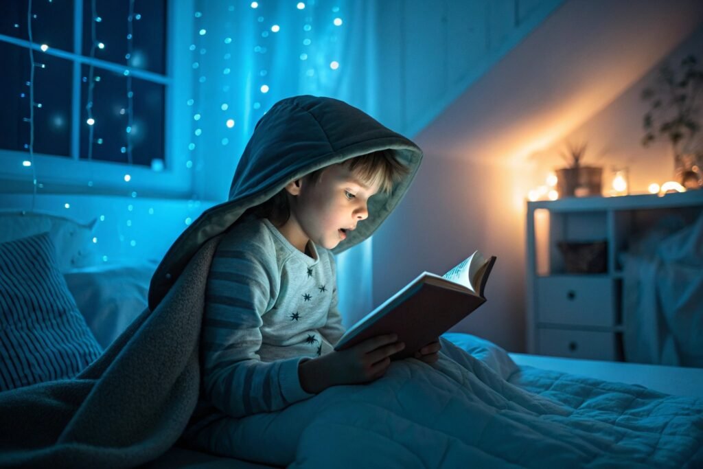 A child in a hooded blanket reading a book in bed, illuminated by soft blue fairy lights in a cozy bedroom.