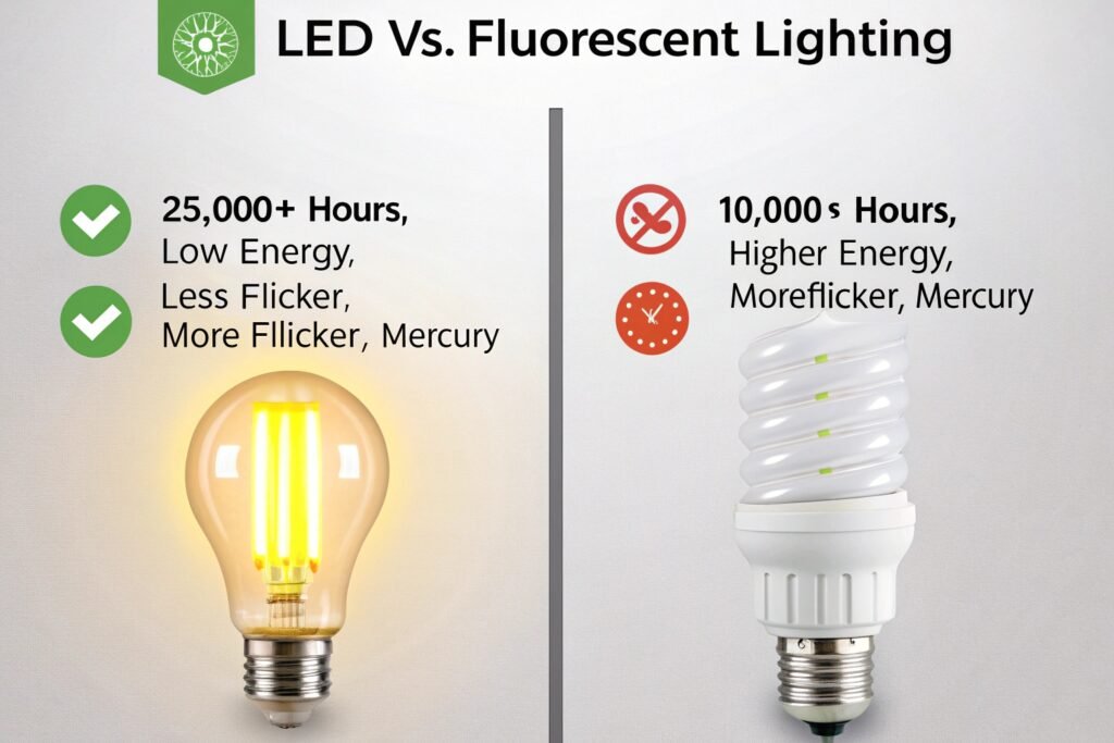 Comparison chart highlighting LED (25,000+ hours, low energy, less flicker) vs. fluorescent (10,000 hours, higher energy, more flicker, mercury) lighting options.