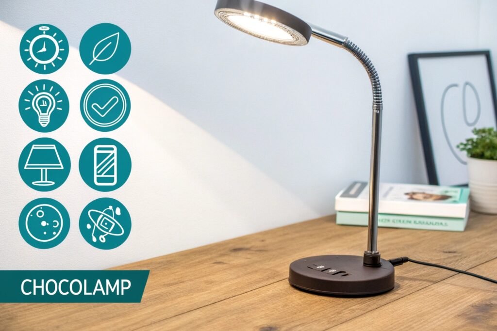 A sleek desk lamp with icons and a brand label.
