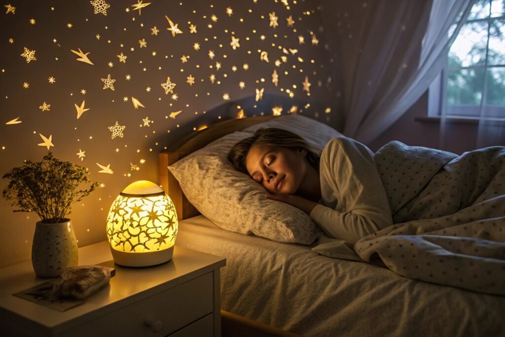 A woman sleeping in bed with a starry night light casting star patterns on the wall.