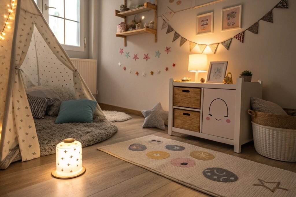 A cozy kids' room featuring a star-patterned tent, soft lighting, a playful rug, and a cheerful dresser.