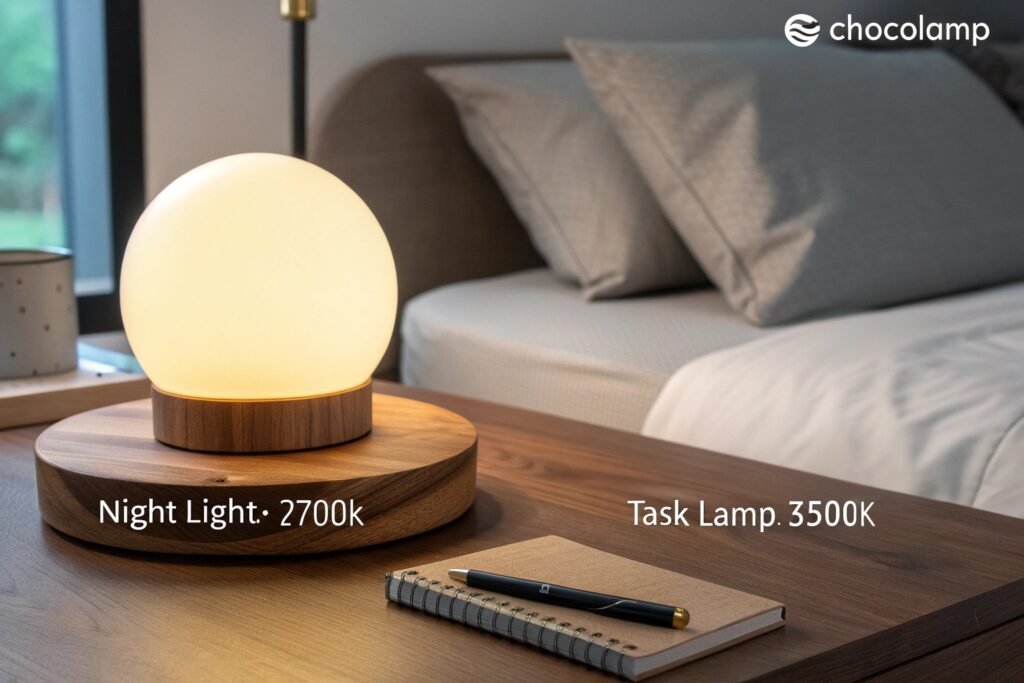Bedroom scene with a 2700K night light and a 3500K task lamp on a wooden table, perfect for relaxation and focused activities.