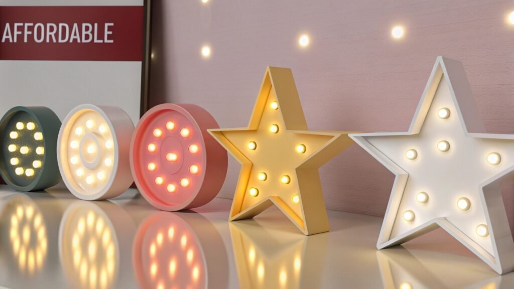 A collection of cute LED night lights shaped like a bee, moon, and star, designed for children’s rooms, offering soft, energy-efficient lighting for a cozy and safe sleep environment.