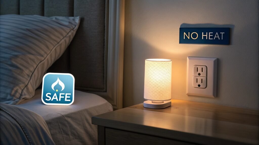 A safe, heat-free LED night light on a bedside table, illuminating a bedroom with a soft glow, featuring a "SAFE" badge and a "NO HEAT" sign, perfect for a comfortable sleep environment.