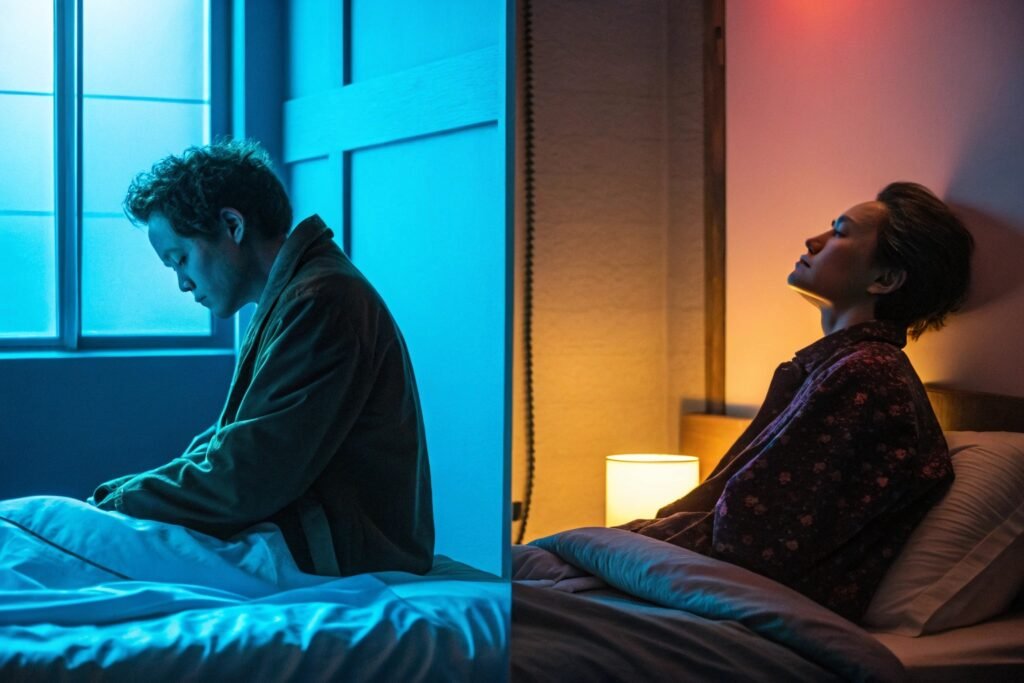 Two adults in bed, one under blue light and the other under warm orange light, creating a serene and contrasting nighttime ambiance in a modern bedroom.