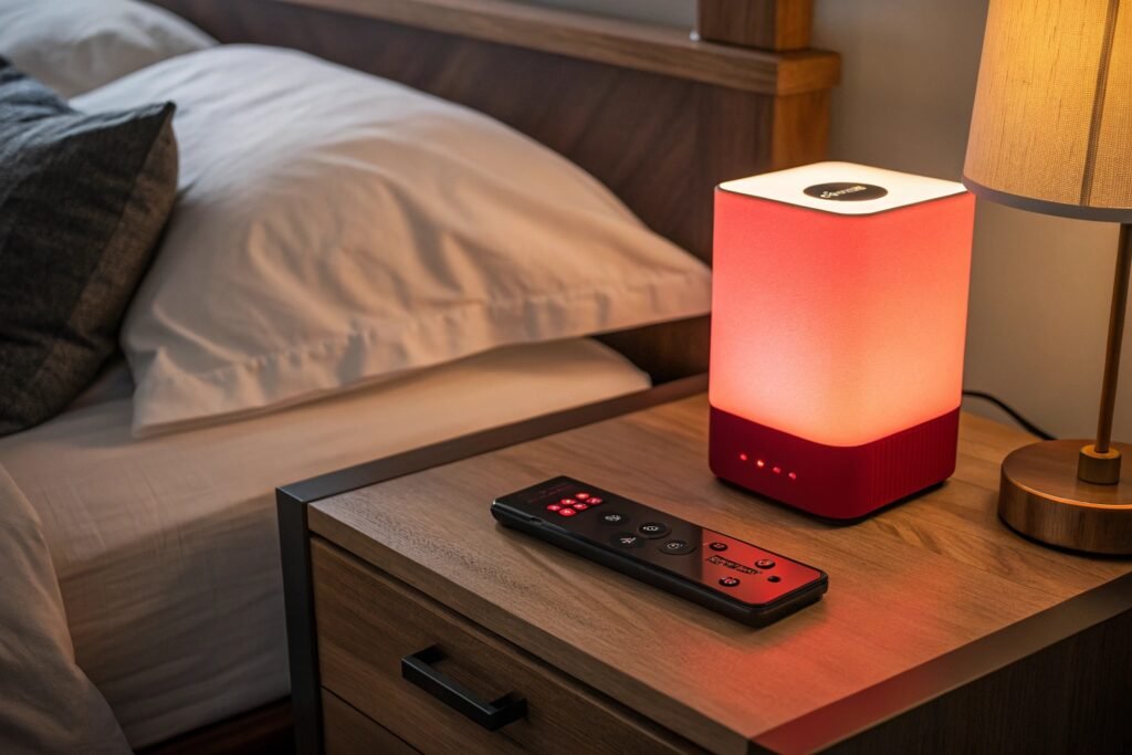 A red smart night light on a wooden nightstand, glowing softly, with a matching remote control, next to a traditional lamp and a neatly made bed.