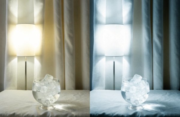 Side-by-side comparison of warm white vs cool white LED light colors showing their visual difference