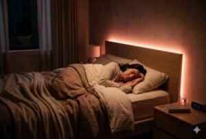 Peaceful person sleeping in a dark bedroom with soft warm red/amber LED light creating a calm atmosphere