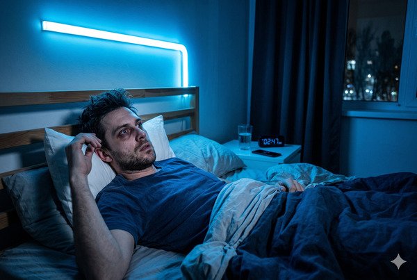 Tired person lying awake in bed under harsh cool blue LED lights, showing sleep disruption