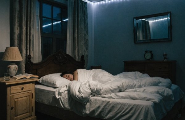 LED strip lights glowing on bedroom wall or ceiling at night, illustrating constant exposure during sleep