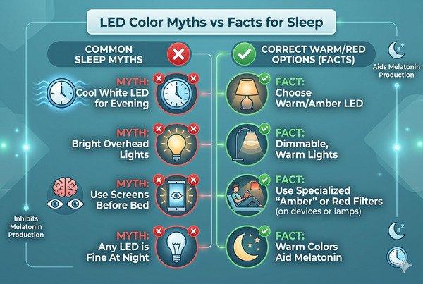 Infographic debunking common LED color myths for sleep with check/cross marks