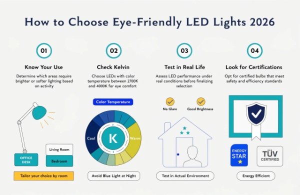 Step-by-step guide or infographic for choosing the best LED color temperature for eye health