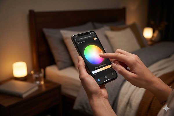 Person using phone app to select warm LED color temperature for sleep
