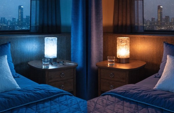 Side-by-side comparison of cool blue LED night light vs warm LED for better sleep