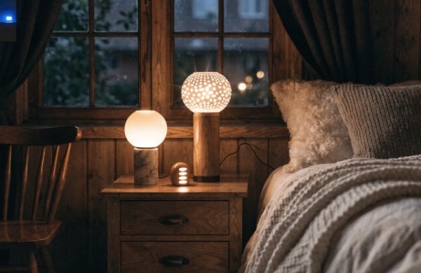 Cozy bedroom scene showing warm white and amber night lights vs harsh cool white for better sleep and eye comfort