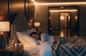 Cozy bedroom scene with safe warm amber or warm white LED strip lights creating a relaxing nighttime atmosphere