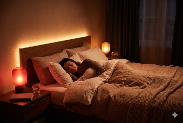 Cozy bedroom at night with soft red and amber LED lights creating a sleep-friendly atmosphere