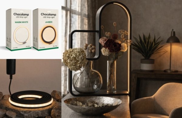 Professional product display of Chocolamp warm white and amber LED strip lights for safe nighttime use