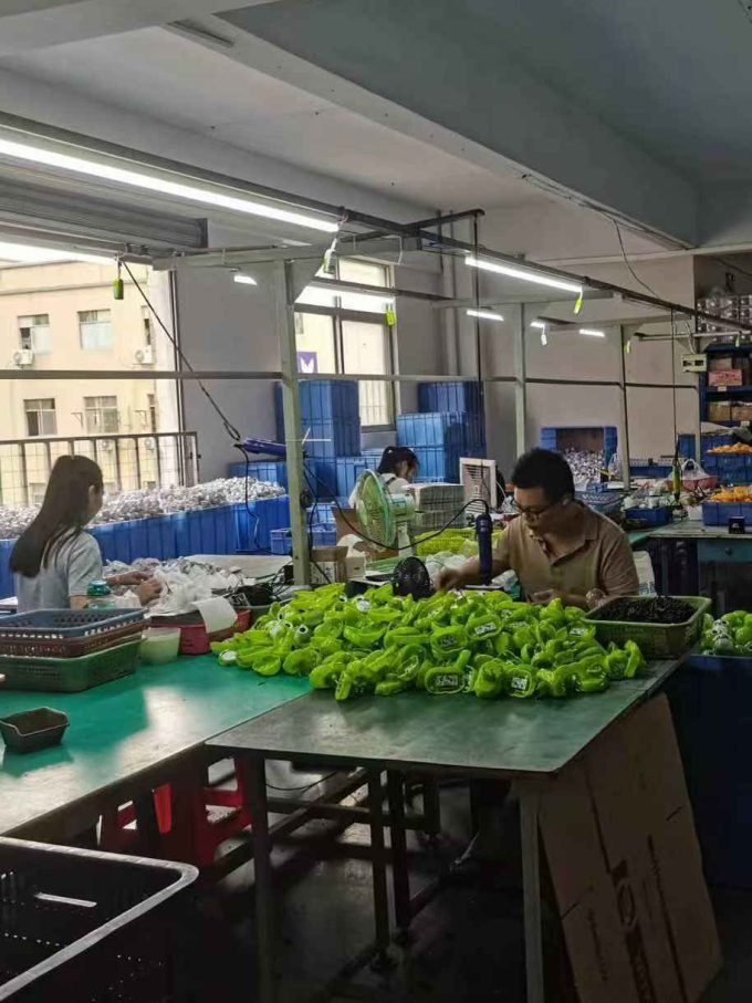 Workers assembling night lights in a factory production line.